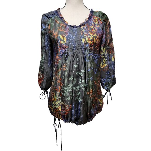 Johnny Was Floral Blouse Womens Sz S Green Multi Silk Pintuck Bohemian Boho Top‎ - Picture 1 of 9